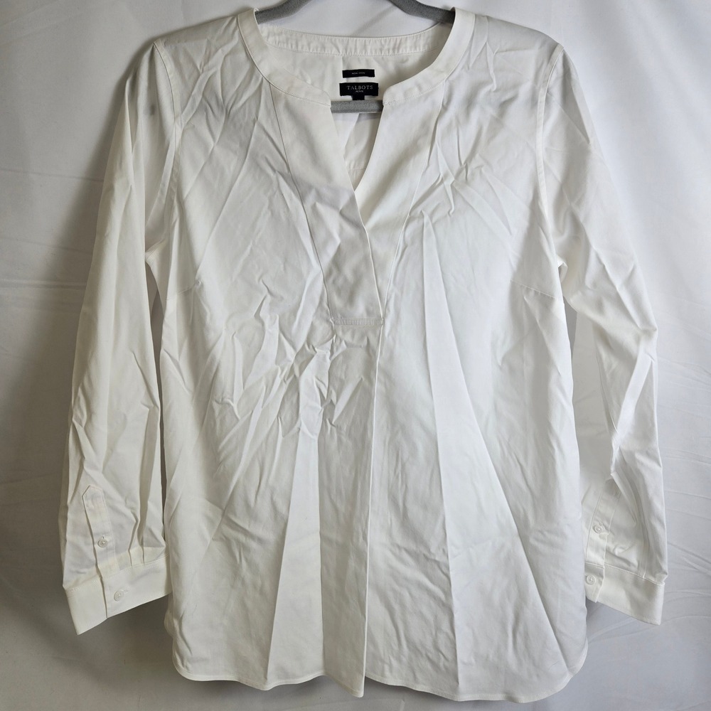 Talbots Perfect Popover Cotton Long Sleeve Split V-neck Blouse White Non-Iron Mp